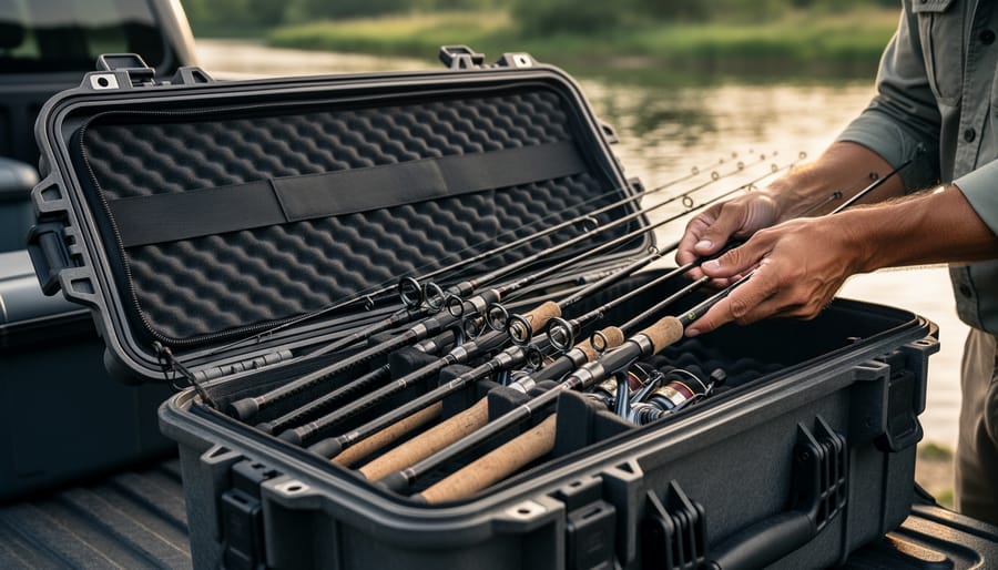 A fishing rod case being loaded into a pickup truck trunk for a Canadian fishing trip