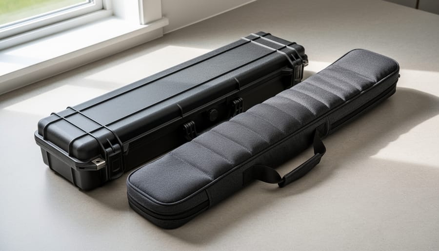 Hard and soft fishing rod cases shown side-by-side with visible padded interior