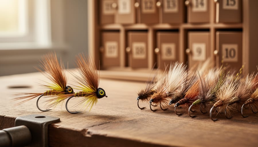 Close-up of hands tying a fly at a vise with feathers and thread in sharp detail