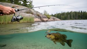 Fishing rod casting into clear shield-lake water with a smallmouth bass near the surface near a rocky shoreline.
