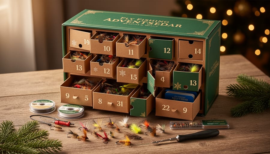 Opened fly fishing advent calendar on a wooden table with assorted fly patterns and a fly box nearby