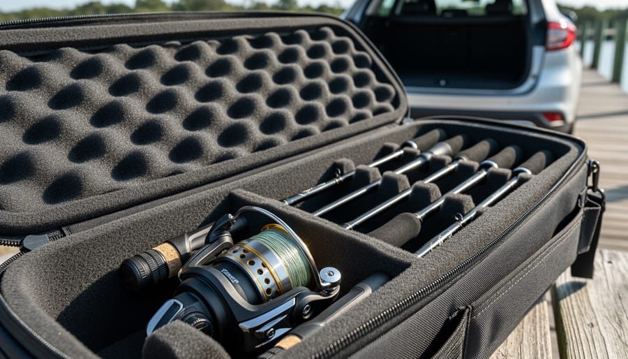 Close-up view of a spinning reel secured in a padded reel compartment inside a fishing rod case