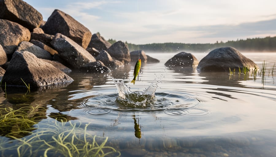 Angler casting a topwater lure from a rocky shoreline into a shallow bay