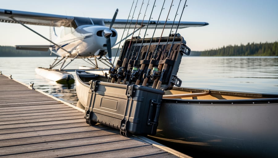 A fishing rod case strapped to a canoe at golden hour on a Canadian lake