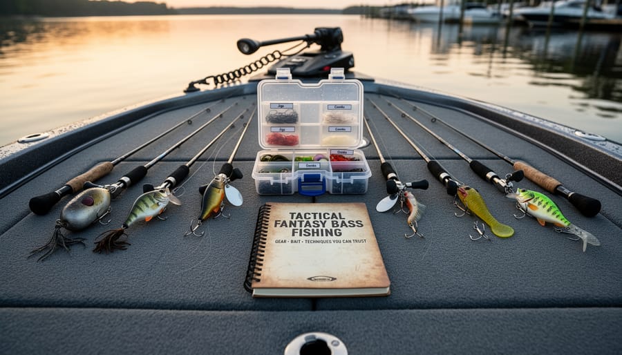 Open tackle box on a bass boat deck with soft plastic lures and fishing reel, photographed in natural daylight.