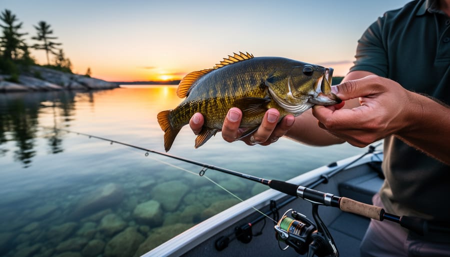 Angler holding a smallmouth bass above clear lake water with fishing gear nearby