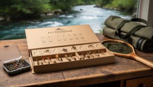 Open fly fishing advent calendar with handcrafted trout flies and a waterproof fly box on a wooden bench with a blurred stream background.