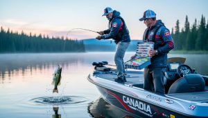 Canadian bass anglers in a tournament boat on a lake at dawn, with a largemouth bass being reeled in beside an open tackle box.