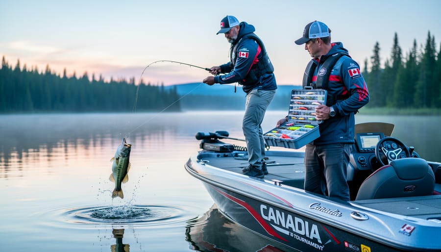 Canadian bass anglers in a tournament boat on a lake at dawn, with a largemouth bass being reeled in beside an open tackle box.