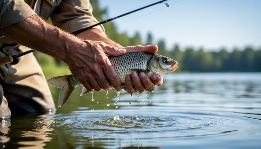 Angler holding a bucket with freshly caught fish on the ice during a weigh-in type moment.