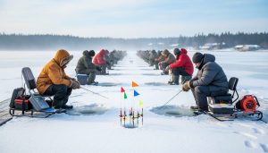 Anglers on the frozen Town Dock at Lac du Bonnet with ice fishing tip-ups and winter shelters during a bright February morning.