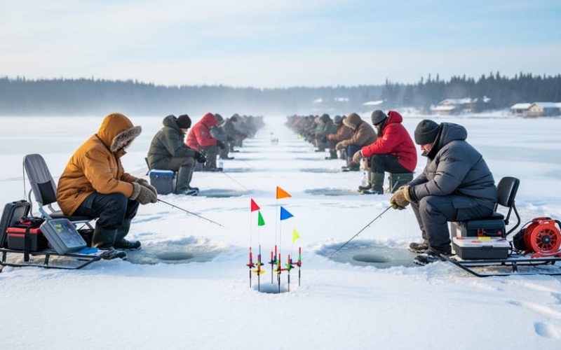Anglers on the frozen Town Dock at Lac du Bonnet with ice fishing tip-ups and winter shelters during a bright February morning.