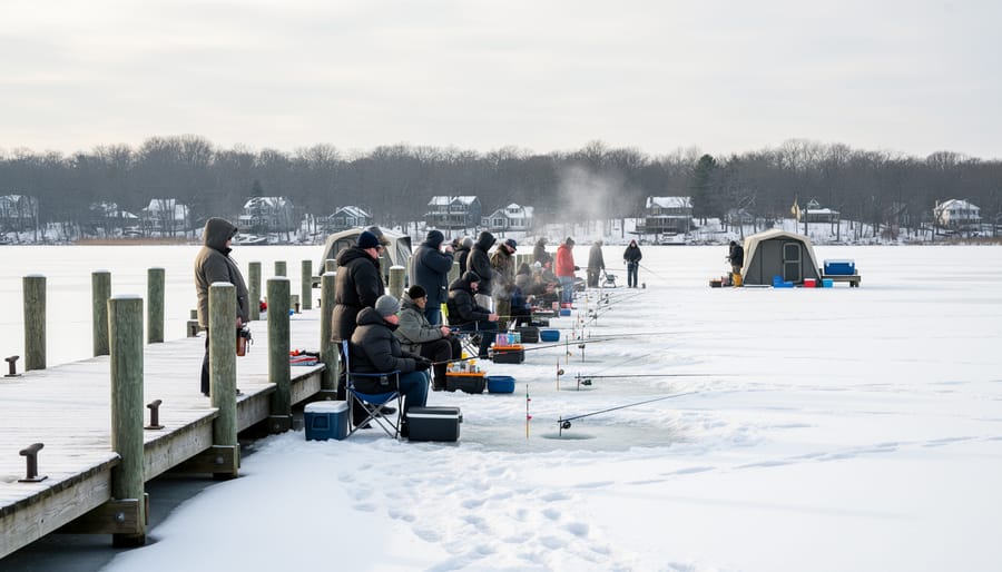 Two anglers prepare ice fishing gear beside an auger hole on Lac du Bonnet’s frozen Town Dock.