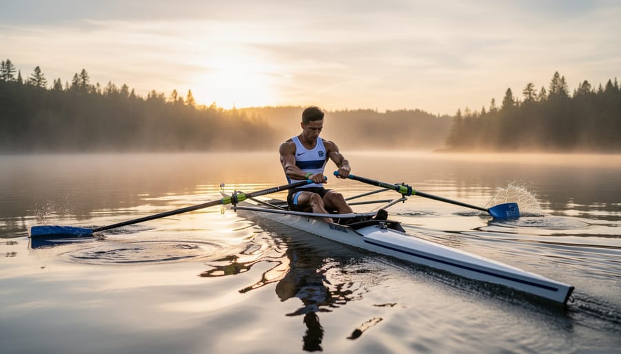 Two anglers in a small boat paddling on a lake at sunrise with fishing rods ready.