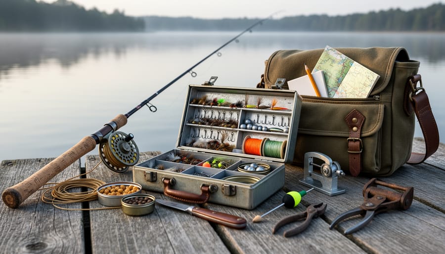 Close-up of ice fishing gear including tip-ups and bait containers laid out on a carry mat on the ice.