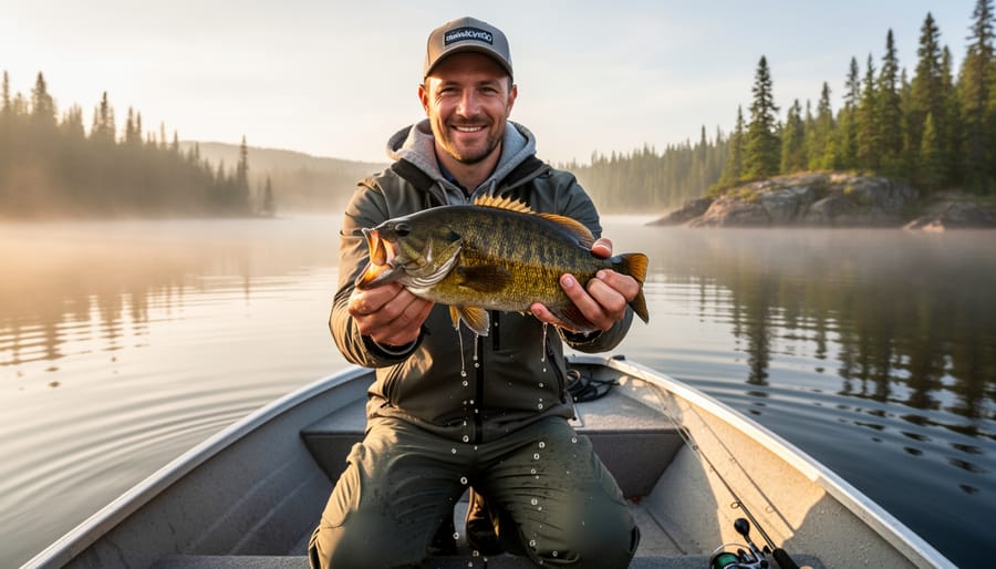 Canadian angler holding a smallmouth bass beside a fishing boat on a Canadian lake.