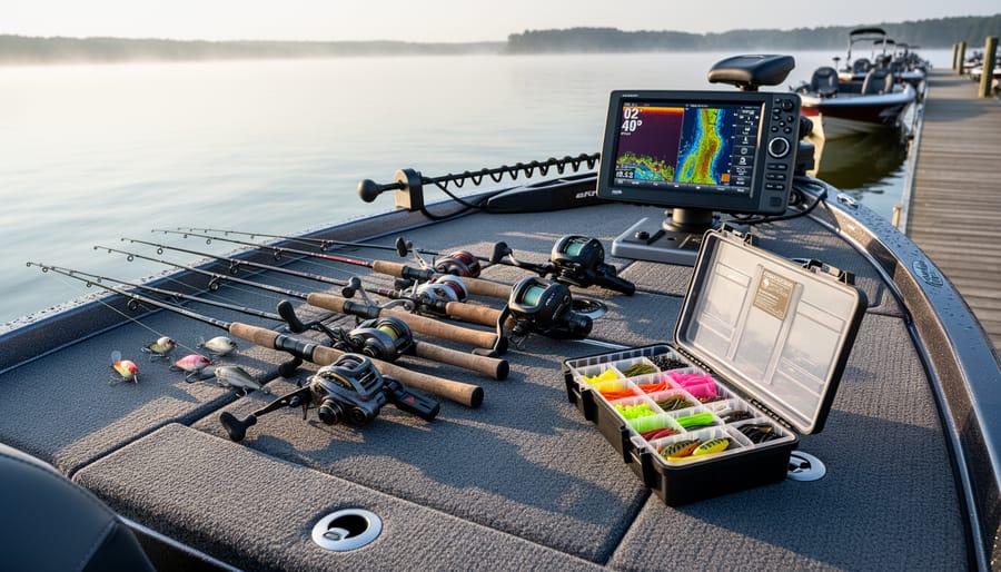 Bass tournament livewell and organized tackle on a boat deck with smallmouth bass visible.